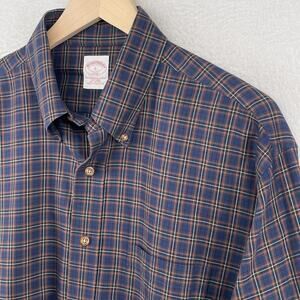 BROOKS BROTHERS Shirt Mens L 346 Non-Iron Tartan Plaid Button Front Cotton Blue